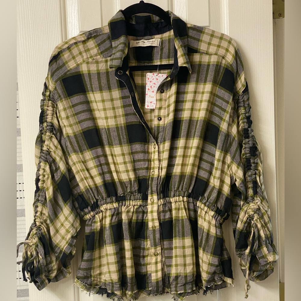 Free People We The Free Black Plaid Ruched Sleeve Pacific Dawn Shirt Size S NWT